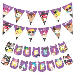 imageTreasures Gifted Officially Licensed Club Squishmallows Party Supplies Set of 3 Prestrung Banners  1 Birthday Banner ampamp 2 Triangle Pennants  Squishmallows Birthday Decorations
