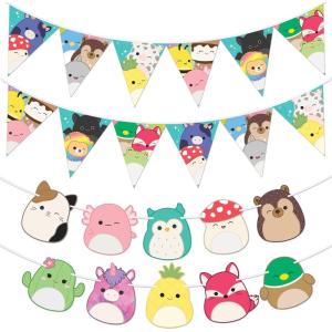 imageTreasures Gifted Officially Licensed Squishmallows Party Supplies Set of 3 Prestrung Banners  1 Birthday Banner ampamp 2 Triangle Pennants  Squishmallows Birthday Decorations