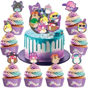 imageTreasures Gifted Officially Licensed Club Squishmallows Party Supplies  1 Cake Topper ampamp 24 Cupcake Toppers ampamp Wrappers  Squishmallows Birthday Decorations