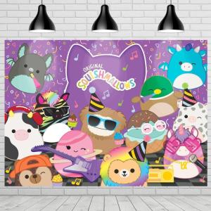 image:imageTreasures Gifted Officially Licensed Club Squishmallows Party Supplies  43ft Tall x 6ft Wide Backdrop  Squishmallows Birthday Decorations  Silky Fabric Birthday Banner Backdrop
